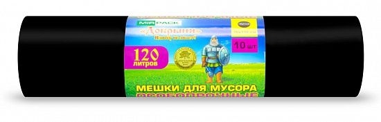 Мешки для строительного мусора 120 литров, 100 мкм, в рулоне 10 штук, ПВД, черные, 2 слоя, 70x110 см, Добрыня, особопрочные - Вид 1